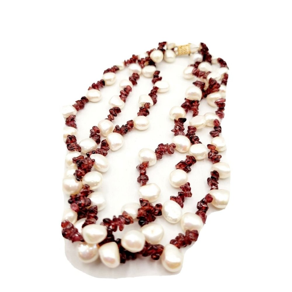 Vintage Estate Cultured Baroque Pearls Garnet Necklace w/ 14kt Gold Clasp A2671